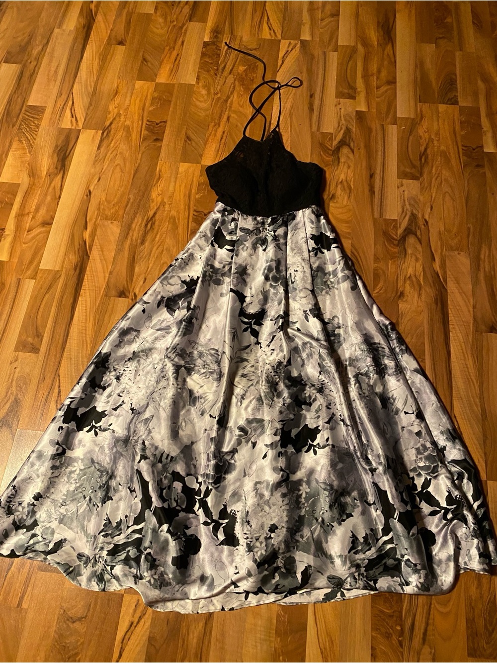 Blondie Nites Black Lace Bodice Silver Floral Prom Dress